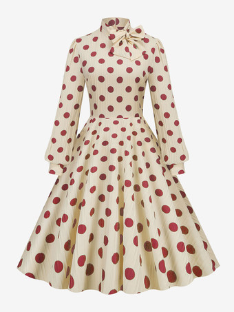 レッド レトロワンピース　1950年代オードリー・ヘップバーン風　ハイカラー　長袖　水玉　二次会　お呼ばれ　発表会　ミディアムスイングドレス