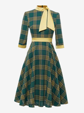 Retro Dress 1950s Audrey Hepburn Style Coffee Brown Plaid Woman's Piping Half Sleeves High Collar Swing Dress