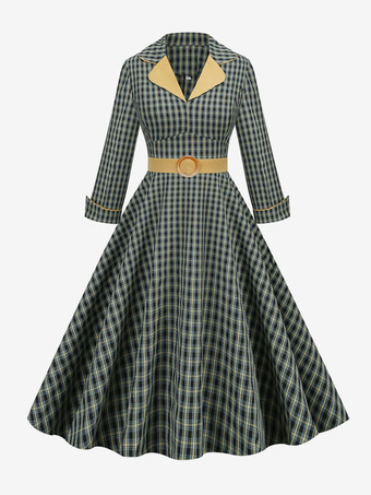 Robe Vintage Des Années 1950 Col Rabattu Manches Longues Robe Rockabilly À Carreaux Pour Femme Rétro