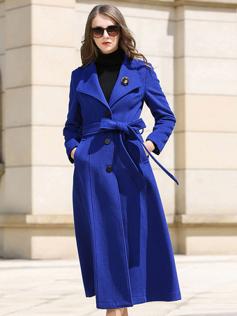 Wrap Coat For Woman Royal Blue Sash Winter Woolen Outerwear 2024