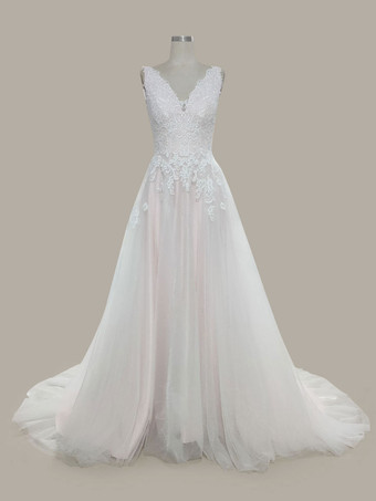 Hellrosa Schlichtes Brautkleid Brautkleider große Größen Spitze A-Linie- Weiß Standesamtkleid