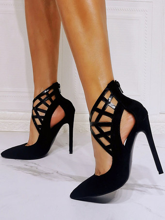 ハイヒール ポインテッドトゥ パンプス ヌバック ピンヒール12cm くりぬき レディース靴 ブラック