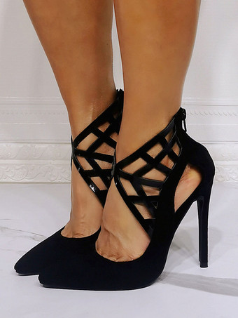 ハイヒール ポインテッドトゥ パンプス ヌバック ピンヒール12cm くりぬき レディース靴 ブラック