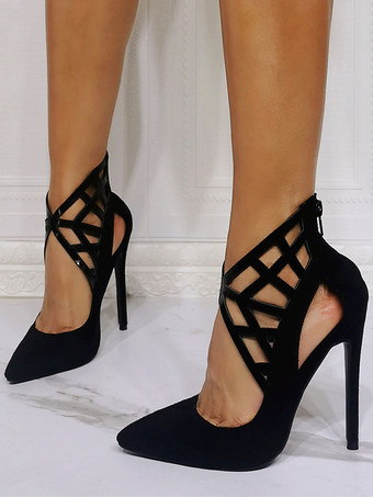 ハイヒール ポインテッドトゥ パンプス ヌバック ピンヒール12cm くりぬき レディース靴 ブラック