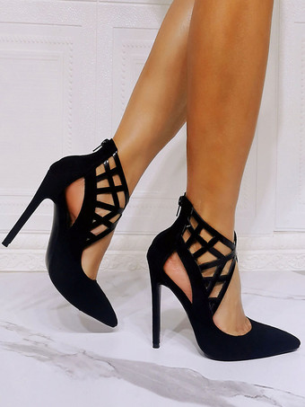 ハイヒール ポインテッドトゥ パンプス ヌバック ピンヒール12cm くりぬき レディース靴 ブラック