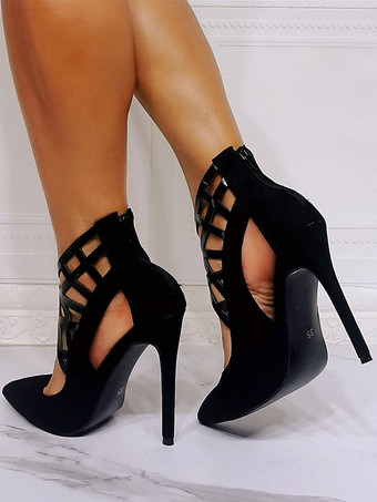 ハイヒール ポインテッドトゥ パンプス ヌバック ピンヒール12cm くりぬき レディース靴 ブラック