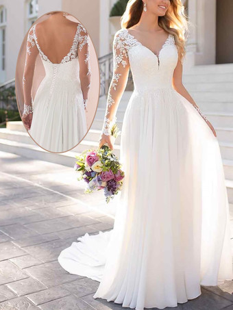 Белое простое свадебное платье A-Line V-образным вырезом с длинными рукавами без спинки полиэфирные кружевные свадебные платья