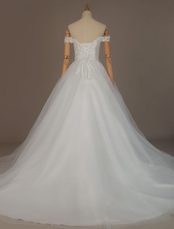 Robe de mariée princesse ivoire en tulle hors de l'épaule jupe plissée à traîne robe de mariage