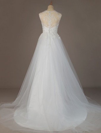 ウェディングドレス　2025　Aライン　イリュージョンネック　ノースリーブ　マキシ丈　レースビーズ　チュールボーホーブライダルガウン