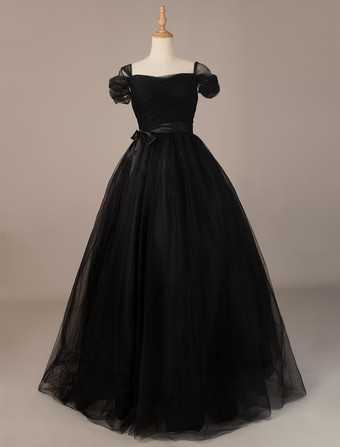 ゴシックウェディングドレスチュールプリンセスシルエット半袖ナチュラルウエストプリーツフロアレングスブライダルドレス