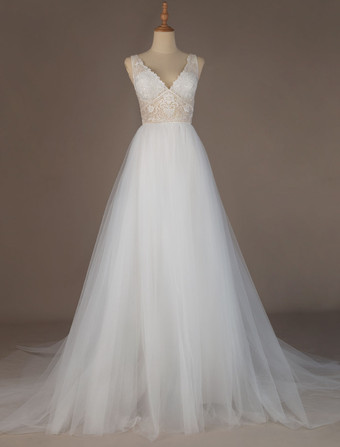 Robe de mariée simple blanche col V en dentelle jupe fendue en tulle à traîne courte Robe de mariée bohémien