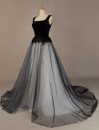 ゴシックブラックのウェディングドレス A ラインスクエアネックノースリーブレースチュールベロア床長さのブライダルドレス無料カスタマイズ