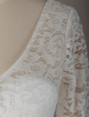 シンプルなウェディングドレスAラインVネック長袖床長シフォンレースビーチウェディングドレス