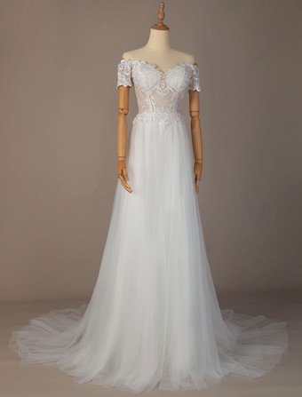 アイボリーシンプル ウェディングドレス Aライン ナチュラルウェストライン ホワイト レース チュール 半袖 ウェディング オフショルダー ファスナー コートトレーン