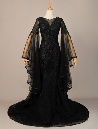 ゴシックブラックのウェディングドレス A ライン長袖レーストレインブライダルガウン無料カスタマイズ