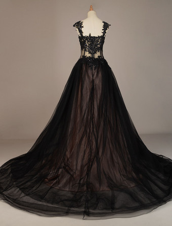 Black Wedding Dresses Tulle Princess Silhouette Sleeveless Low Rise Waist Lace Court Train Bridal Gown Free Customization