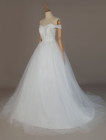 Ivoire Robe de mariée princesse ivoire en tulle hors de l'épaule jupe plissée à traîne robe de mariage