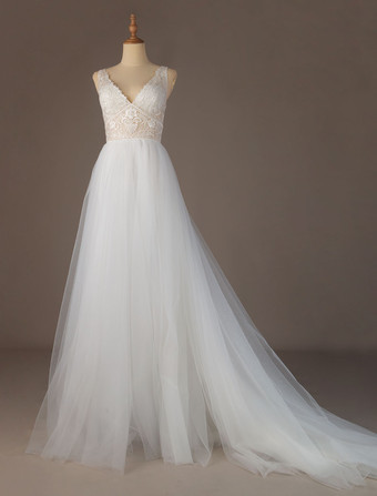 Robe de mariée simple blanche col V en dentelle jupe fendue en tulle à traîne courte Robe de mariée bohémien