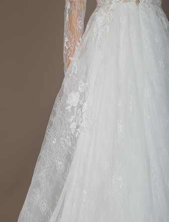 レース ウェディングドレス アイボリー ウェディングドレス Aライン 結婚式 二次会 披露宴 長袖 コートトレーン ブライダル 花嫁 バックレス ビーチウェディングドレス ウェディング ナチュラルウェストライン Vネック レース レース ガーデン ビーチ オーダーメイドも可能