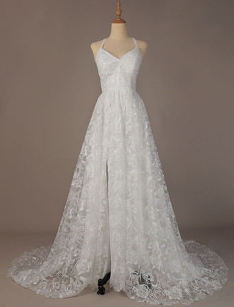 Boho Brautkleid Hippie-Braut elfenbeinfarbe V-Ausschnitt Spitze ärmellos Boho Vintage Brautkleid