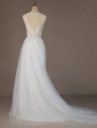 Robe de mariée simple blanche col V en dentelle jupe fendue en tulle à traîne courte Robe de mariée bohémien