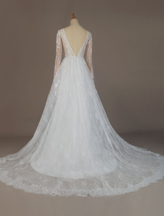 レース ウェディングドレス アイボリー ウェディングドレス Aライン 結婚式 二次会 披露宴 長袖 コートトレーン ブライダル 花嫁 バックレス ビーチウェディングドレス ウェディング ナチュラルウェストライン Vネック レース レース ガーデン ビーチ オーダーメイドも可能