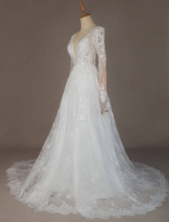 レース ウェディングドレス アイボリー ウェディングドレス Aライン 結婚式 二次会 披露宴 長袖 コートトレーン ブライダル 花嫁 バックレス ビーチウェディングドレス ウェディング ナチュラルウェストライン Vネック レース レース ガーデン ビーチ オーダーメイドも可能