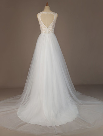 Robe de mariée simple blanche col V en dentelle jupe fendue en tulle à traîne courte Robe de mariée bohémien