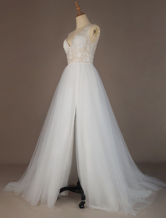 Robe de mariée simple blanche col V en dentelle jupe fendue en tulle à traîne courte Robe de mariée bohémien