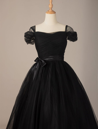 ゴシックウェディングドレスチュールプリンセスシルエット半袖ナチュラルウエストプリーツフロアレングスブライダルドレス