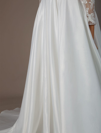 プリンセスライン ウェディングドレス ラウンドネック ブライダルドレス アイボリー 結婚式 二次会 披露宴 花嫁ドレス サテン 長袖 挙式 コートトレーン くるみボタン ウェディング ナチュラルウェストライン ウェディングドレス