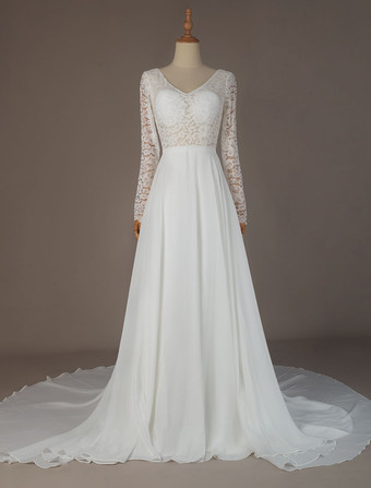 シンプルなウェディングドレスAラインVネック長袖床長シフォンレースビーチウェディングドレス