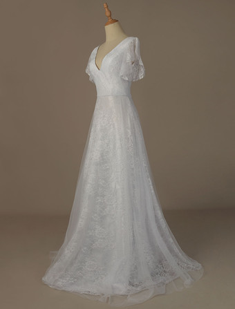 シンプルなウェディングドレス2025AラインVネック半袖床の長さチュールビーチのウェディングパーティードレスブライダルガウン