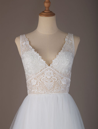 Robe de mariée simple blanche col V en dentelle jupe fendue en tulle à traîne courte Robe de mariée bohémien