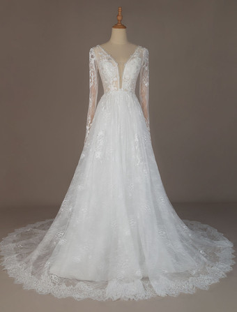 レース ウェディングドレス アイボリー ウェディングドレス Aライン 結婚式 二次会 披露宴 長袖 コートトレーン ブライダル 花嫁 バックレス ビーチウェディングドレス ウェディング ナチュラルウェストライン Vネック レース レース ガーデン ビーチ オーダーメイドも可能