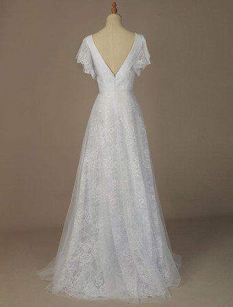 シンプルなウェディングドレス2025AラインVネック半袖床の長さチュールビーチのウェディングパーティードレスブライダルガウン