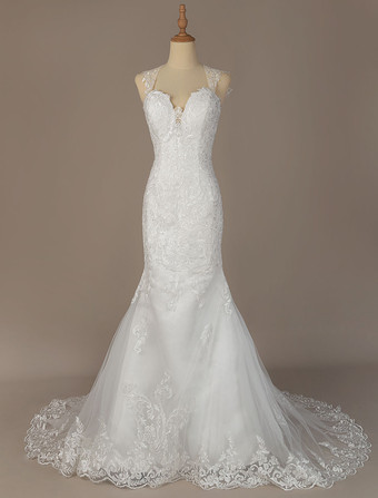 マーメイド ドレス チュール ウェディングドレス ナチュラルウェストライン ノースリーブ 花嫁 ブライダル オーダーメイドも可能 アイボリー 特別なネックライン コートトレーン 二次会 結婚式 披露宴 バックレス マーメイドライン ウェディング