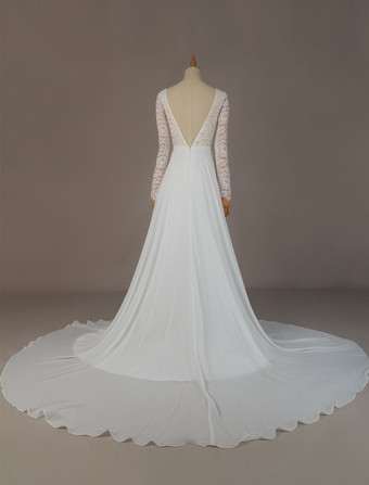 シンプルなウェディングドレスAラインVネック長袖床長シフォンレースビーチウェディングドレス