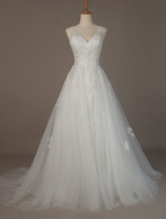 シンプルなウェディングドレス　2025　Aライン　Vネック　ノースリーブ　マキシ丈　ビーチブライダルドレストレーン付き