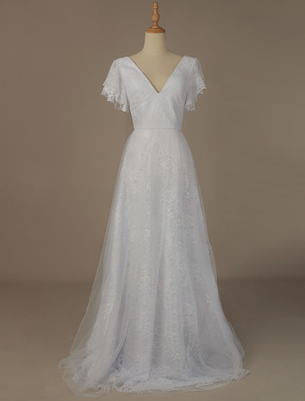 シンプルなウェディングドレス2025AラインVネック半袖床の長さチュールビーチのウェディングパーティードレスブライダルガウン