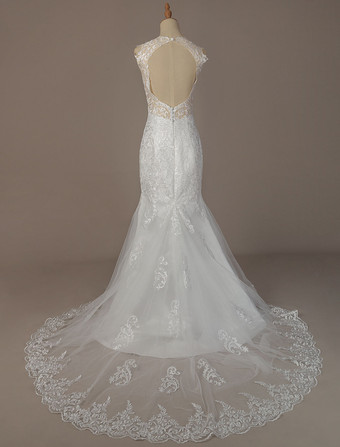 マーメイド ドレス チュール ウェディングドレス ナチュラルウェストライン ノースリーブ 花嫁 ブライダル オーダーメイドも可能 アイボリー 特別なネックライン コートトレーン 二次会 結婚式 披露宴 バックレス マーメイドライン ウェディング