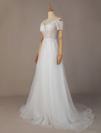 シンプル ウェディングドレス Aライン ナチュラルウェストライン ホワイト レース チュール 半袖 ウェディング オフショルダー ファスナー コートトレーン