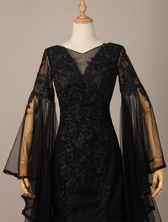 ゴシックブラックのウェディングドレス A ライン長袖レーストレインブライダルガウン無料カスタマイズ