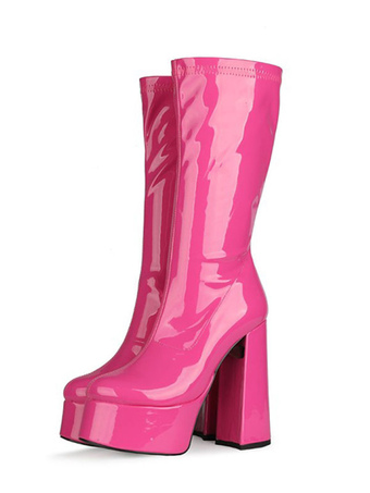 U-MAC Womens Round Toe Mid-Calf Boots Winter PU Leather Pleated Slip-On Warm Thick Platform High Heel Boots U-MAC Womens Round Toe Mid-Calf Boots Winter PU Leather Pleated Slip-On Warm Thick Platform High Heel Boots