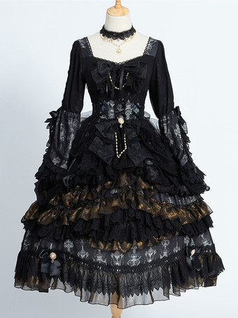 ゴシックロリータOPドレス ブラック ポリエステル 長袖 お茶会 魔女レース ロリータワンピースドレス