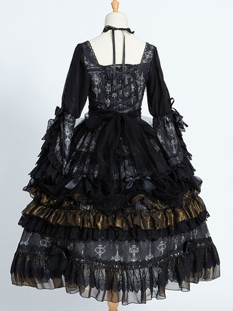 ゴシックロリータOPドレス ブラック ポリエステル 長袖 お茶会 魔女レース ロリータワンピースドレス
