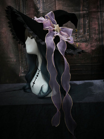 パープル ロリータハット ウィッチハット ボウアクセサリー ボウスタープリントポリエステル ロリータアクセサリー ブラック