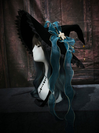 グリーン ロリータハット ウィッチハット ボウアクセサリー ボウスタープリントポリエステル ロリータアクセサリー ブラック