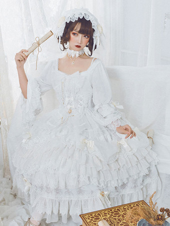 ホワイト ゴシックロリータOPドレス ブラック ポリエステル 長袖 お茶会 魔女レース ロリータワンピースドレス