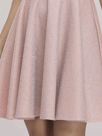 ピンクの帰郷ドレスショートAラインVネックノースリーブジッパーバックレスポリエステルミニイブニングドレス